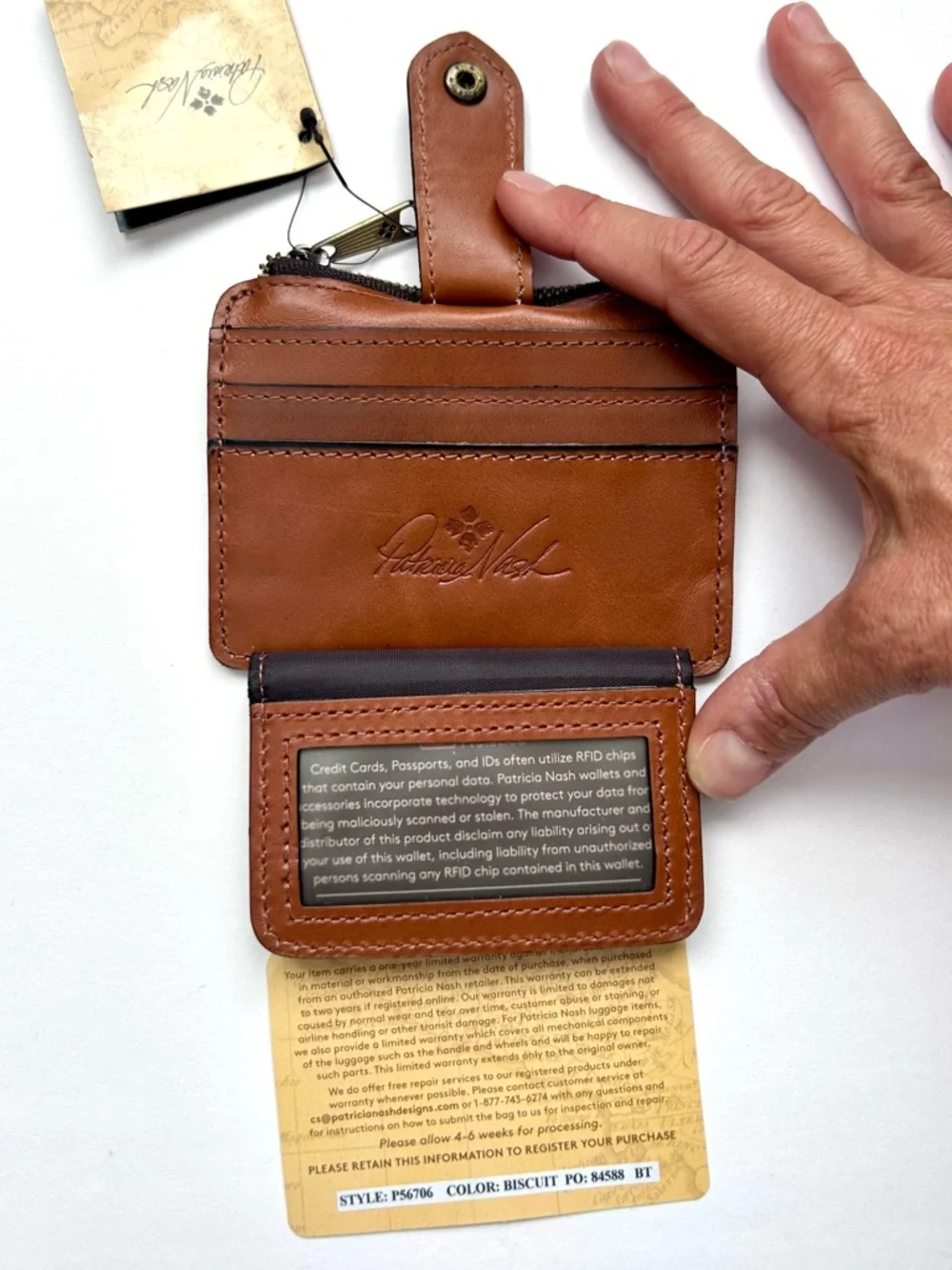Patricia Nash Cassis ID Case Wallet Key Chain Coin Purse Biscuit Brown Leather - Picture 6 of 9